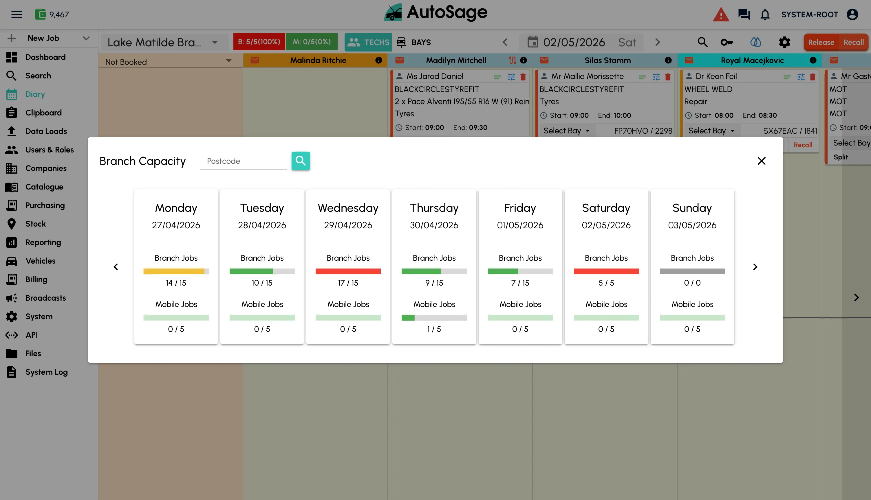 Garage booking software showing customer appointment creation and scheduling